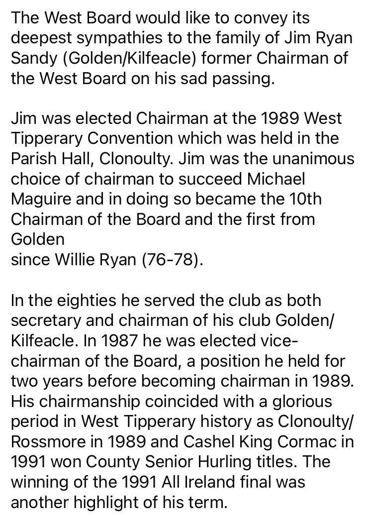 Westtippgaa's tweet photo. The West Board would like to convey its deepest sympathies to the family of Jim Ryan Sandy (Golden/Kilfeacle) former Chairman of the West Board on his sad passing.

Jim, pictured below presenting the Leahy Cup to Eamon O'Dwyer Arravale Rvs following their West IHC success in 1991 https://t.co/53WtDt7ucm