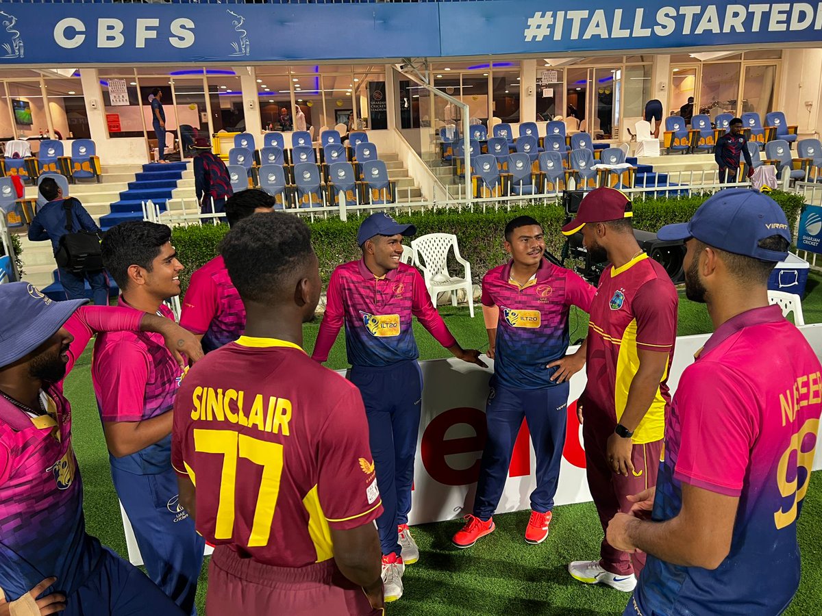 windiescricket's tweet photo. The Skipper @shaidhope passing on some knowledge to team @EmiratesCricket. Thank you for hosting us.๐๐พ
#UAEvWI https://t.co/8WNDZVfefz