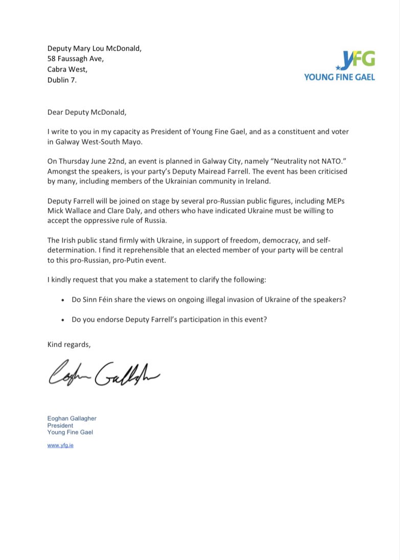 Eoghan4g's tweet photo. This morning I wrote to @sinnfeinireland President @MaryLouMcDonald seeking clarification of Sinn Féin’s support for Ukraine. 

This has been thrown into question by Deputy @Farrell_Mairead’s upcoming participation in a pro-Russia event.

Ireland Stands With Ukraine🇺🇦 https://t.co/SpvQeUHkrY