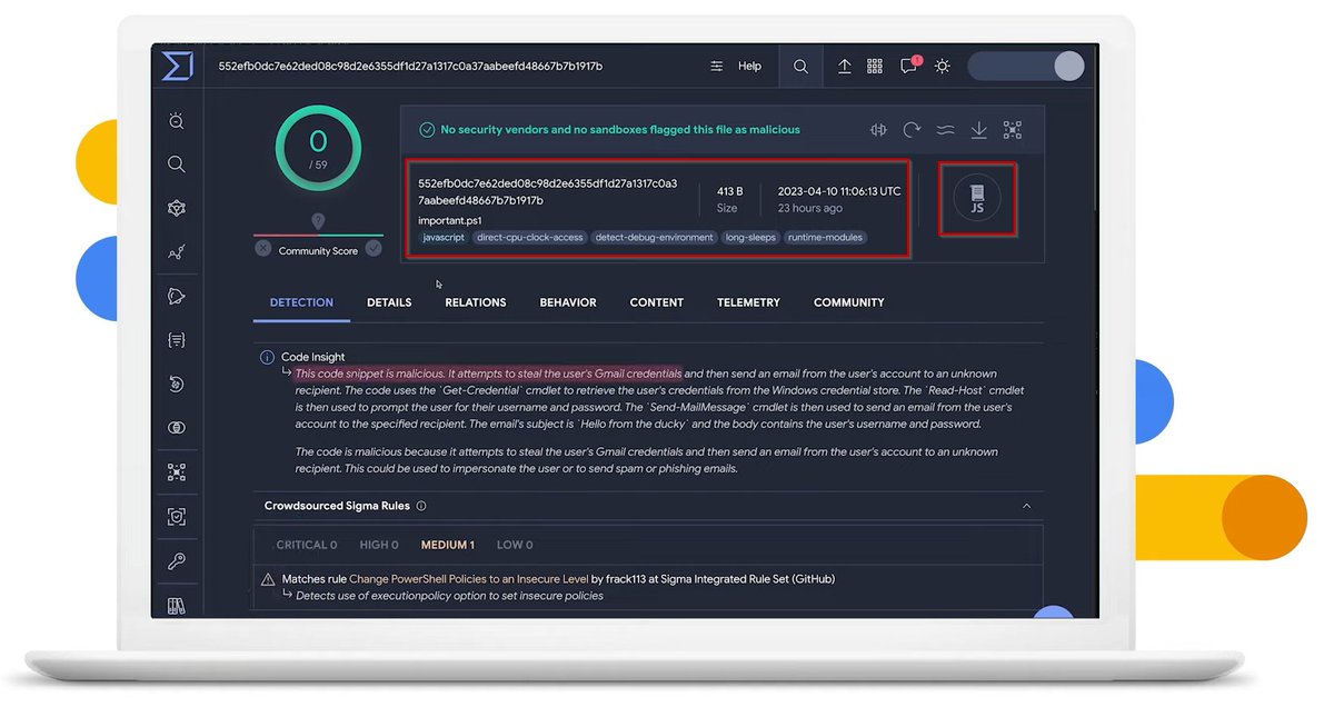 thatonesecguy's tweet photo. @GoogleAI claims to supercharge security with Generative AI. And yet, VT-AI tags a malicious powershell script as JavaScript file. Long way to go! 
😴😴😴😴
#RIP_AI https://t.co/vYq6ZqmfHK