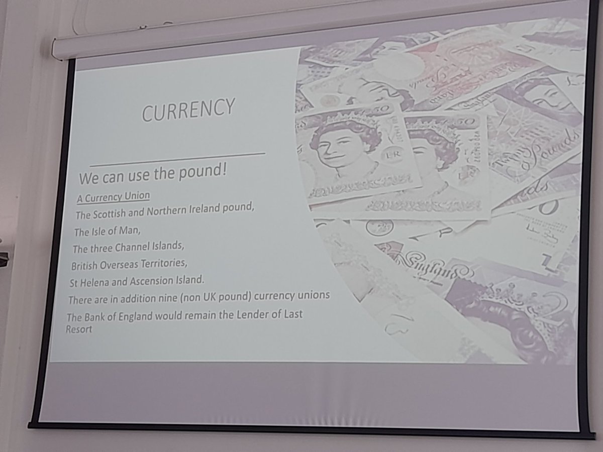 Dr Ball believes #indywales could and should use the pound. The Bank of England can't stop us nor would they want to. Sterling is already a currency union like several CUs across the world. @YesCymru Conference.