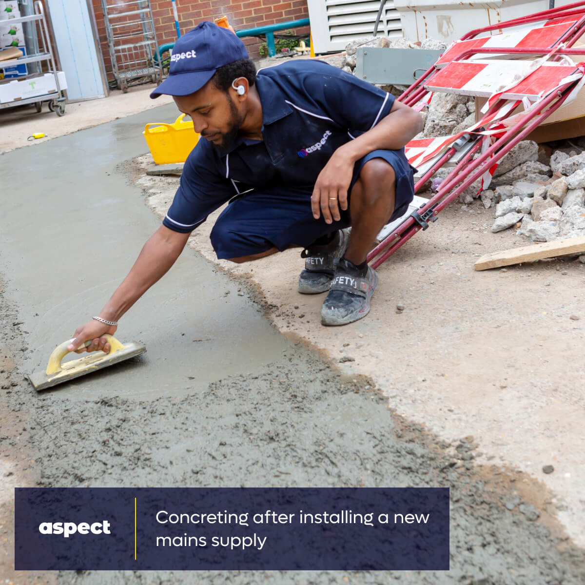 Henok's concreting a trench that was made to run new cables to an extended kitchen. This is just one example of how we can help with all stages of a project. visit buff.ly/3MyppiV to book online, whatever your property maintenance needs.