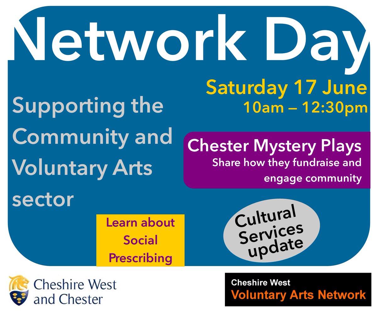Next Saturday you could be with us in <a href="/CreativeMarys/">StMarysCreativeSpace</a> , Chester, at our Networking morning to support the community &amp; voluntary arts sector.
If you haven't already signed up for this free event you'd be welcome to join us.
For more info &amp; to book visit: ticketsource.co.uk/cheshire-west-…