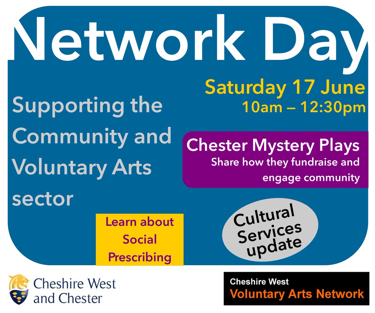 Next Saturday you could be with us in @CreativeMarys , Chester, at our Networking morning to support the community & voluntary arts sector. If you haven't already signed up for this free event you'd be welcome to join us. For more info & to book visit: ticketsource.co.uk/cheshire-west-…