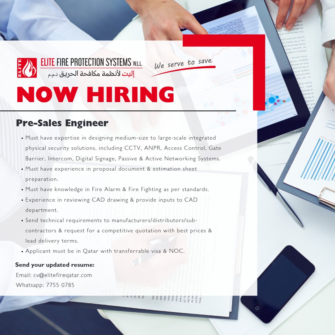 elitefireqatar's tweet photo. We have multiple job openings in our Sales Department and we want YOU to be a part of our success story! 🎉 To apply, please send your updated resume to cv@elitefireqatar.com #WeServeToSave #Qatar #FireProtection #SalesJobs https://t.co/vUHXVXP6HX