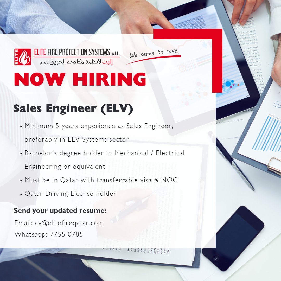 elitefireqatar's tweet photo. We have multiple job openings in our Sales Department and we want YOU to be a part of our success story! 🎉 To apply, please send your updated resume to cv@elitefireqatar.com #WeServeToSave #Qatar #FireProtection #SalesJobs https://t.co/vUHXVXP6HX