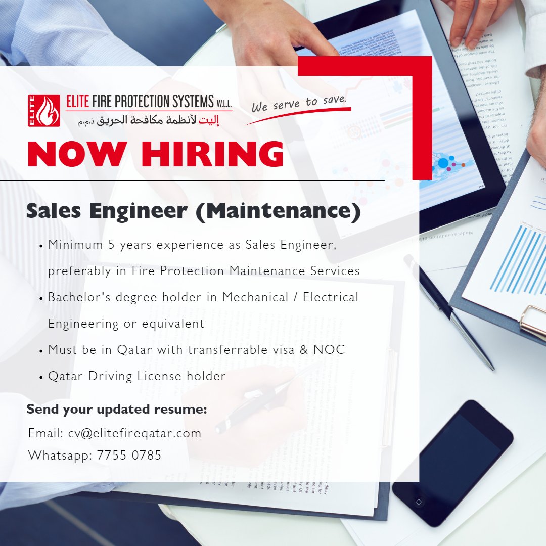 elitefireqatar's tweet photo. We have multiple job openings in our Sales Department and we want YOU to be a part of our success story! 🎉 To apply, please send your updated resume to cv@elitefireqatar.com #WeServeToSave #Qatar #FireProtection #SalesJobs https://t.co/vUHXVXP6HX