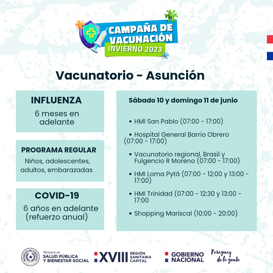 💉🇵🇾 Vacunate! 
Sábado 10 y Domingo 11
📍Asuncion