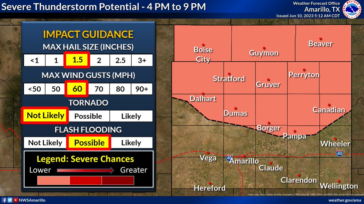 NWSAmarillo's tweet photo. Severe storms capable of large hail and damaging winds will be possible this afternoon and evening across the northern Panhandles. There's only a 15-25% chance of storms, but any storm that does form could be strong to severe. #phwx #txwx #okwx https://t.co/V4SrDRhvzL