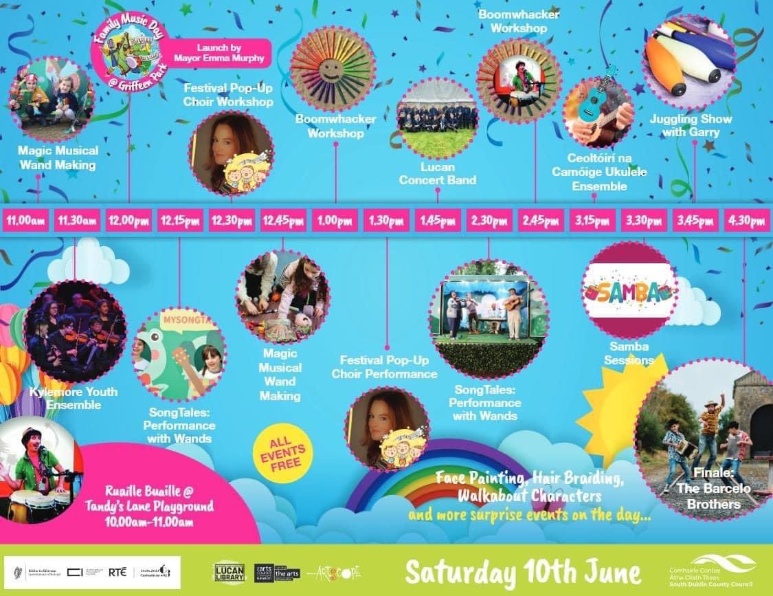 RUAILLE BUAILLE 2023 - Saturday 10th June!!!

Music events, facepainting, magician, samba, juggling, boomwhacker workshops, walkabout characters, ice-cream vans and more!!

Taking place across Lucan and its environs - see full programme below!

Full info: ruaillebuaille.ie