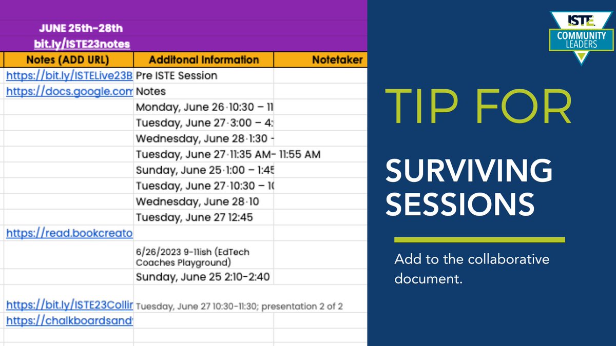 ISTE+ASCD Community Leaders (@istecommunity) on Twitter photo 💡Conference tip: Collaborate with others. You cannot attend all the sessions so share resources and use the spreadsheet below to add resources bit.ly/ISTE23notes
<a href="/mrshowell24/">Stephanie Howell</a> <a href="/gret/">Greta Sandler</a> <a href="/johnmayo/">John Heffernan</a> <a href="/olga_edtech/">Olga</a> @kendreperry <a href="/mmarioherraez/">Mario Herraez M.Ed</a> <a href="/JPatanio/">Jackie Patanio</a> @lakishabrinson #istelive 💡Conference tip: Collaborate with others. You cannot attend all the sessions so share resources and use the spreadsheet below to add resources bit.ly/ISTE23notes
<a href="/mrshowell24/">Stephanie Howell</a> <a href="/gret/">Greta Sandler</a> <a href="/johnmayo/">John Heffernan</a> <a href="/olga_edtech/">Olga</a> @kendreperry <a href="/mmarioherraez/">Mario Herraez M.Ed</a> <a href="/JPatanio/">Jackie Patanio</a> @lakishabrinson #istelive