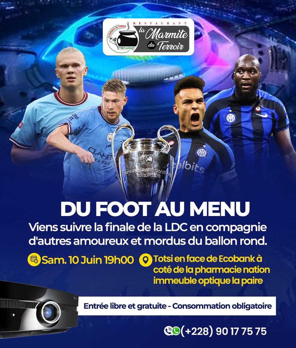 LaMatRestau's tweet photo. Le restaurant où il faut être un soir de finale de LDC, "La Marmite du Terroir" vous met du FOOT au menu à partir de 19h00 GMT. Viens vivre un moment fou-foot en accompagnant de mets et boissons locales. Nous sommes ouvert 7j sur 7. 📍Totsi, en face de l'Ecobank. https://t.co/olLBQrjaoO