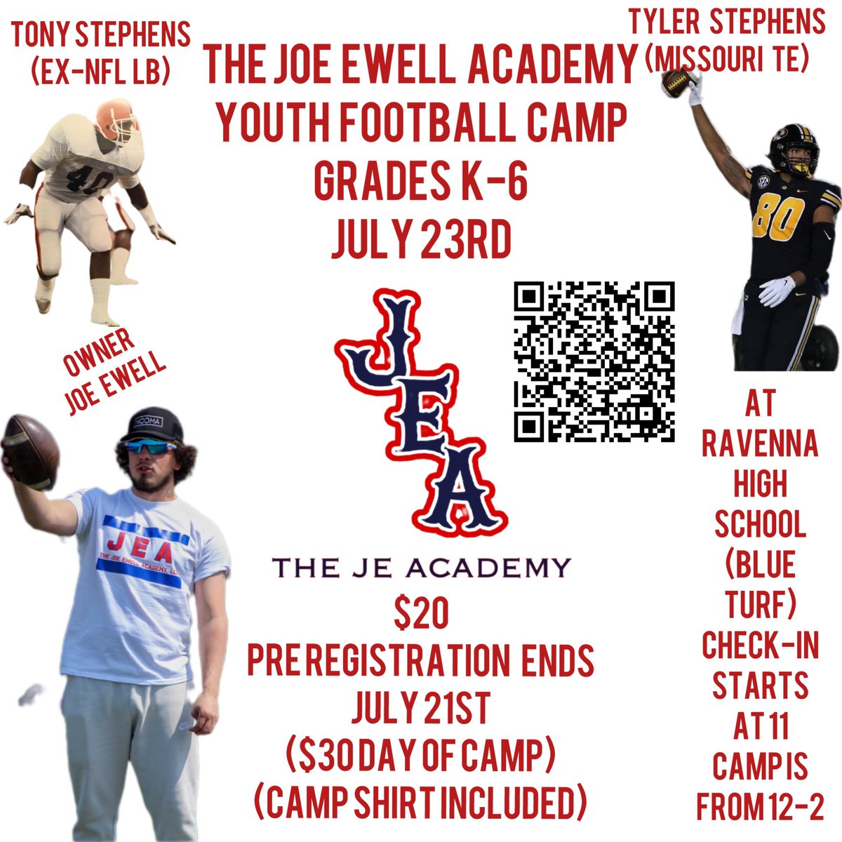 I am so excited to announce that The JEA will be putting on a youth football camp for grades K-6 on July 23rd! Scan the QR code or click the link to get registered!

app.summerathletes.com/camps/campchec…