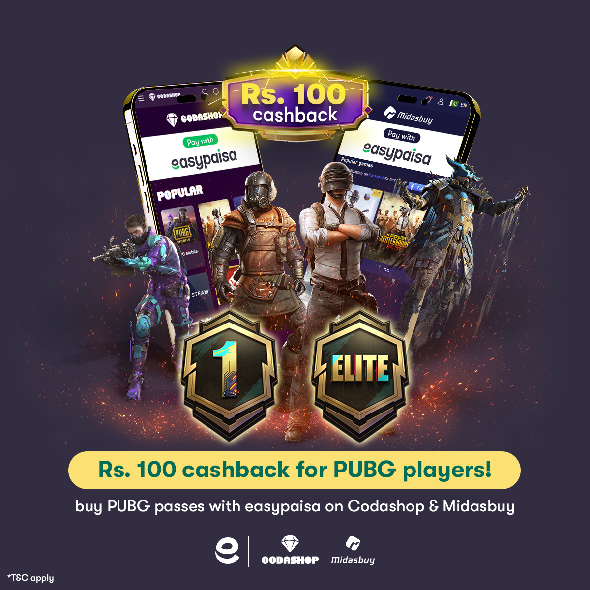 Excited for new season?! 😍🎮
Purchase Elite or Royale Pass on Codashop or Midasbuy and pay with easypaisa to get Rs. 100 exclusive cashback! 😱

Get your pass now: bit.ly/3P5n3cX 
Install easypaisa to pay: bit.ly/3jt1LVN

For more info: bit.ly/3oUOkEa