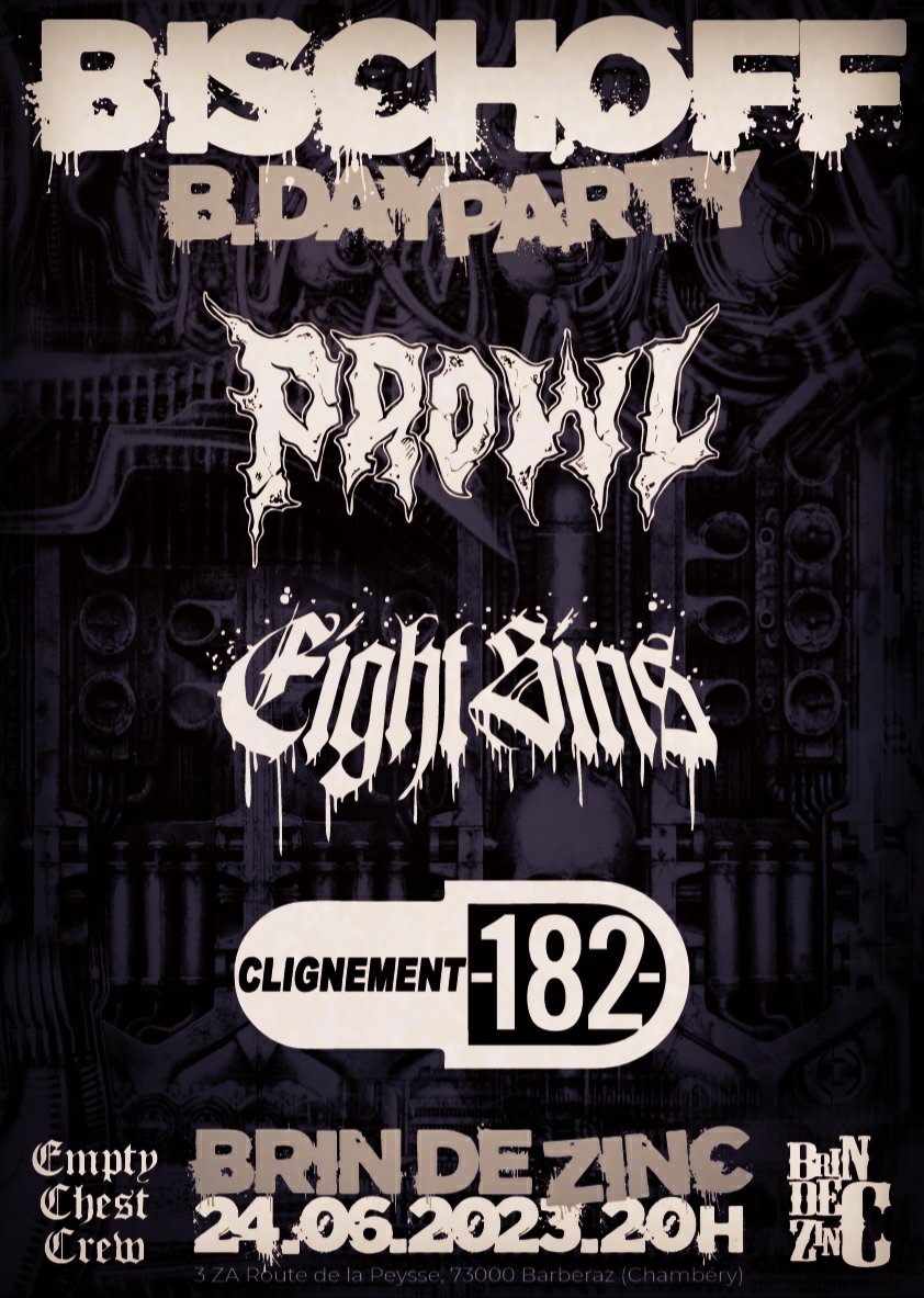 24.06.2023
<a href="/Prowlmtl/">Prowl</a>
<a href="/Eightsins/">Eight Sins</a>
<a href="/clignement182/">Clignement 182</a>
au <a href="/BrinDeZinc/">Le Brin de Zinc</a>
de Barberaz (Chambéry)

event fb : facebook.com/events/s/bisch…