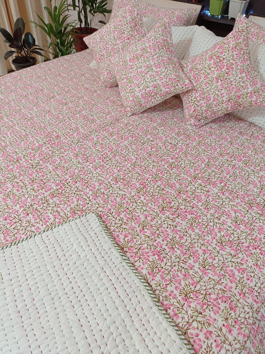 Latest addition to my #etsy shop: Indian Handblock Printed Cotton Kantha Quilt, Handmade Kantha Quilt, AC Blanket, Soft Padded Throw, King Queen Twin Size, Bedding  etsy.me/3oZTcI8 #baby #kantha #cotton #queen #bohemianeclectic #white #floral #pink #housewarmin