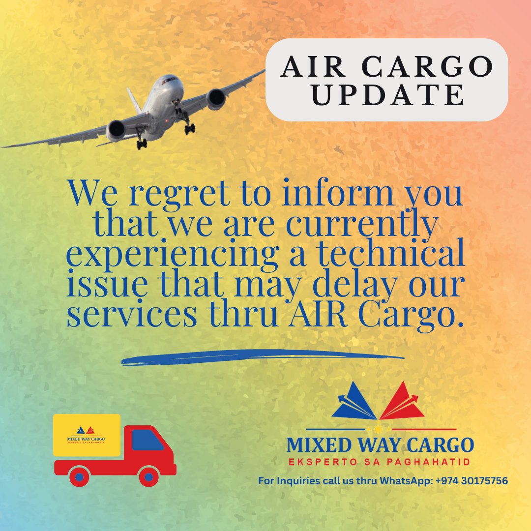 Hello mga KaMixedWay!
Nagkakaroon lang po ng 'TECHNICAL ISSUE' ang pa AIR CARGO ngayon. Lahat po ng Air Cargo pick up ay nasa Pilipinas Warehouse na at waiting for delivery schedule na po.Tawag lang po sa +97430175756. #aircargo#aircargologistics#logisticscompany #mixedwaycargo