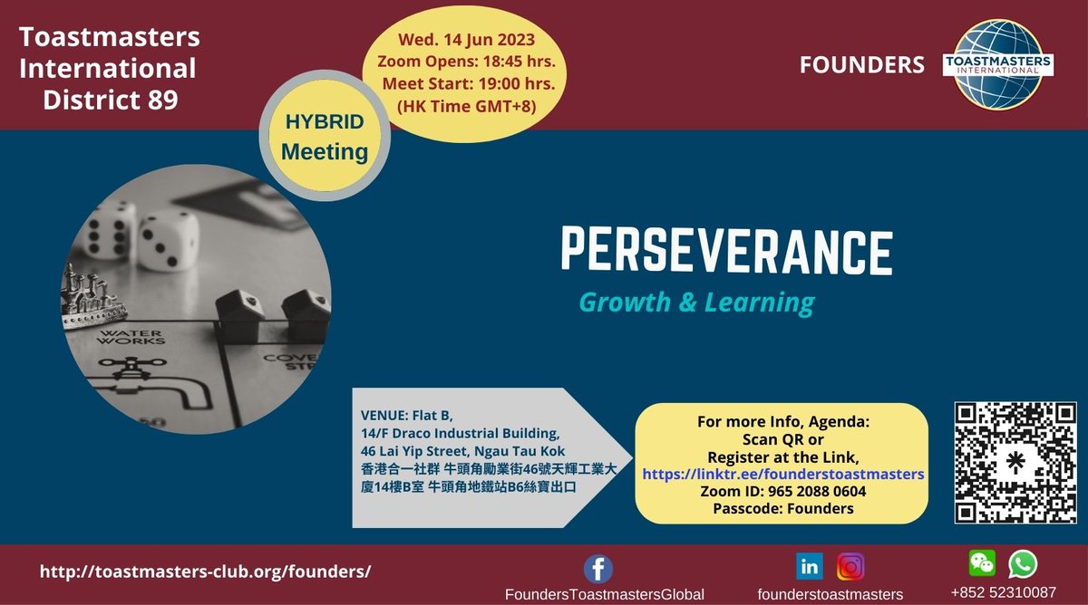 Perseverance at Founders Toastmaster meeting #055 on 14th June 2023 at 6:45 PM HKT mailchi.mp/55cfb1106c07/s…
📝Language: English 🆓 Admission: Free 💡Hybrid: Virtual + in person 

#Publickspeaking #Toastmasters #Founders #Leeadership