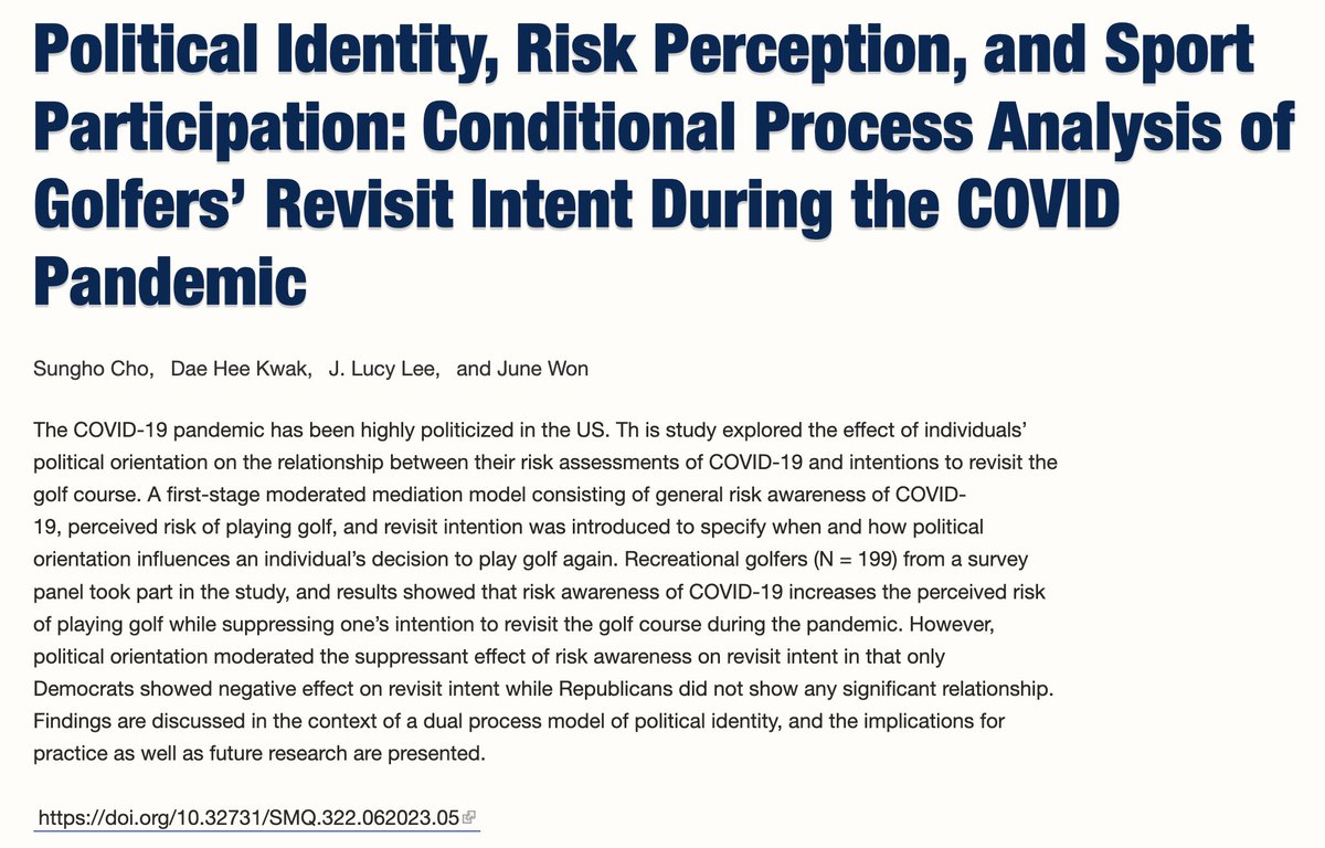 SMQuarterly's tweet photo. 🚨New Article: Political Identity, Risk Perception, and Sport Participation: Conditional Process Analysis of Golfers’ Revisit Intent During the COVID Pandemic. #SMQ 

https://t.co/r7ynudV9dF https://t.co/Ndmkou2hln