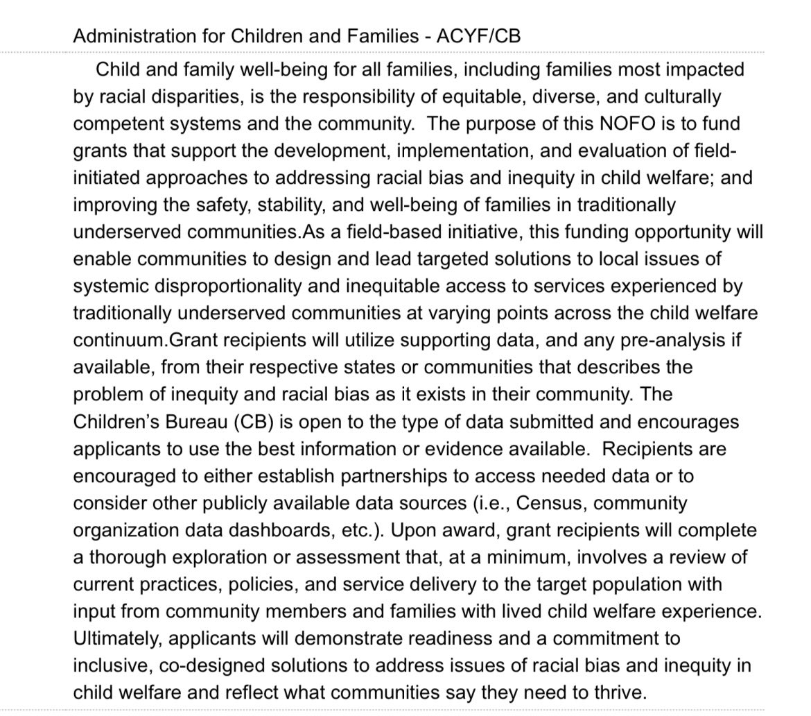 Feds to award 8 500k grants to address racial bias and inequity in CPS - “field initiated” but also state gov so CPS can apply for their “training” …how many proposals will just co-opt movement leaders in rhetoric and dress up their carceral control for this app? #ABOLISHcps