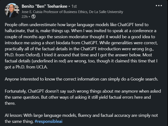 docligot's tweet photo. My friend and mentor Dr. Ben Teehankee, statistician and ethics professor, is a speaker in a conference. The speaker organizers are about to introduce him, but Ben's CV is little packed. So the organizers, in a fit of cleverness, ASK CHATGPT FOR A SHORTER CV. 
#ai https://t.co/GAqYiSySP2