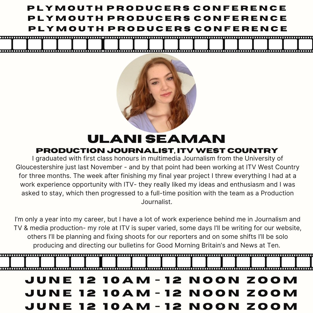 PLYMPRODUCERS's tweet photo. We’re nearly at the big day, and our next guests include Christian Attree, a Filmmaking alumnus, and @ulanimae, another recent graduate working with ITV West Country! To find out more about how they got into the industry, come to our event on Monday – link in bio! https://t.co/6A3aKV9t4W