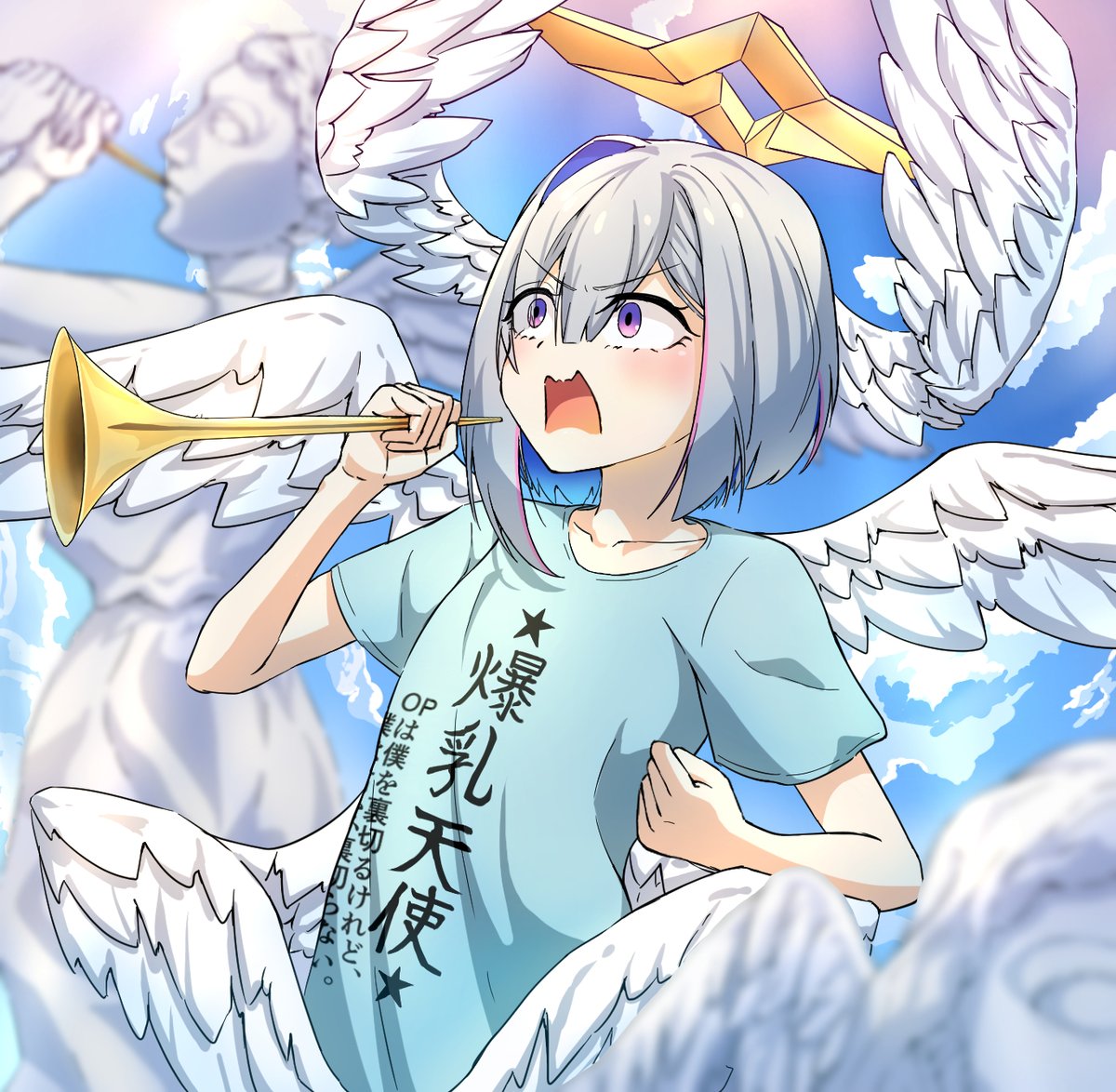 amane kanata 1girl angel wings wings angel halo instrument feathered wings  illustration images