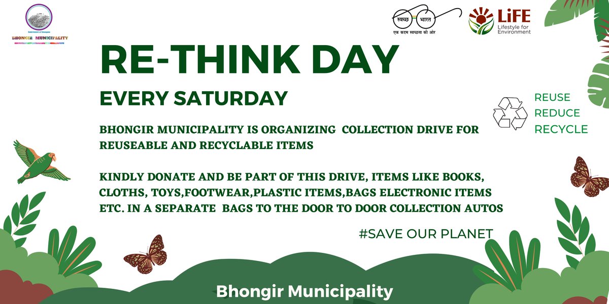 MC_Bhongir's tweet photo. ULB Bhongir Executed an IEC campaign for "RRR4LIFE" &amp; informed the public about Saturday "Rethink-Day" starting today, residents donated reusable &amp; recyclable items to Ward RPs &amp; auto drivers 
@ACLB_Yadadri @Collector_YDR @cdmatelangana @KTRBRS @TelanganaCMO @MoHUA_India https://t.co/qRUkk1cA87