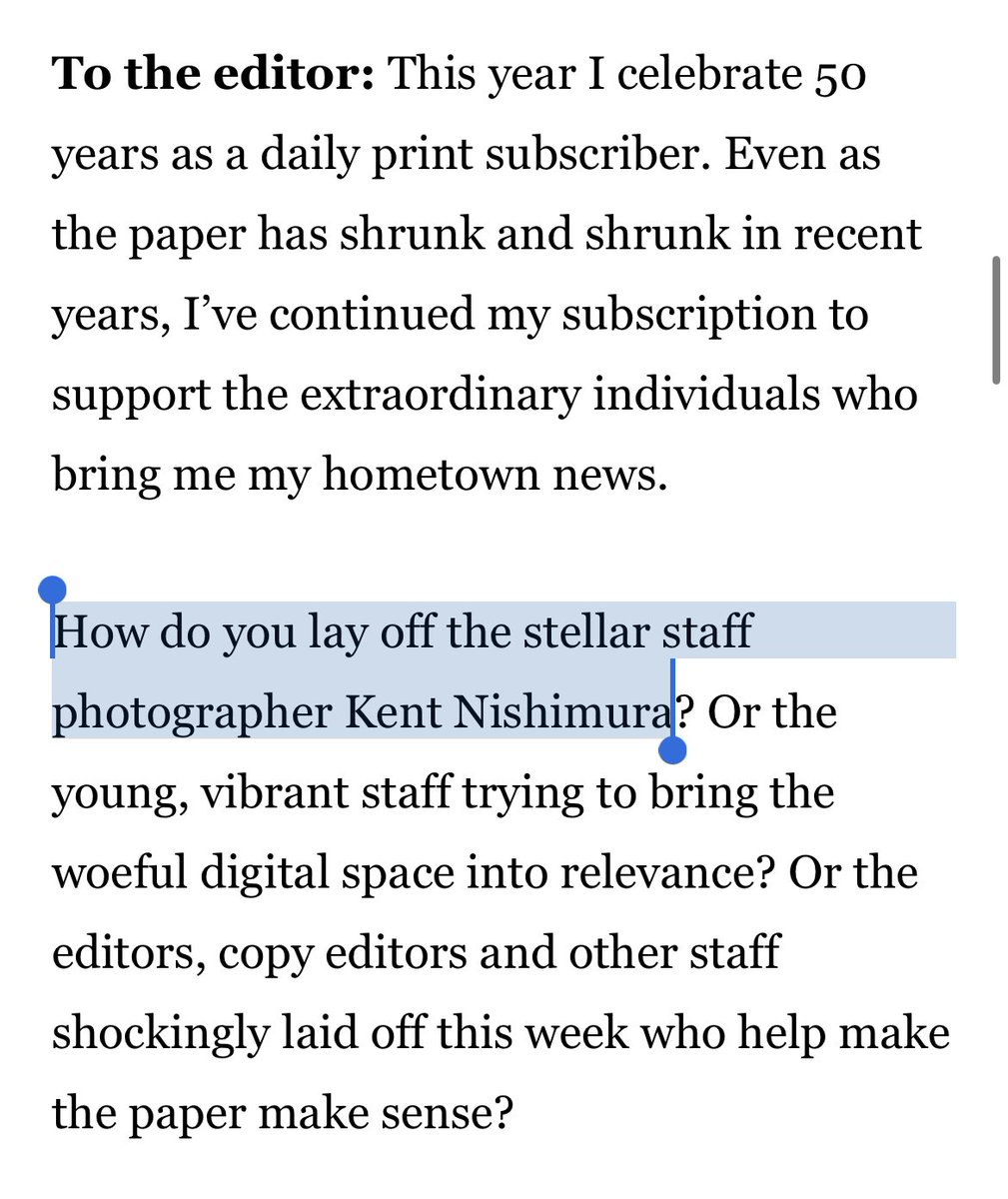 Kent Nishimura (@kentnish) on Twitter photo In my time here at the paper, I’ve gotten mentioned in the Letters to the Editor on occasion, but the mention today from Cathy Kay of Sherman Oaks really made me feel a lot of things. I’m still at a loss for words. In my time here at the paper, I’ve gotten mentioned in the Letters to the Editor on occasion, but the mention today from Cathy Kay of Sherman Oaks really made me feel a lot of things. I’m still at a loss for words.