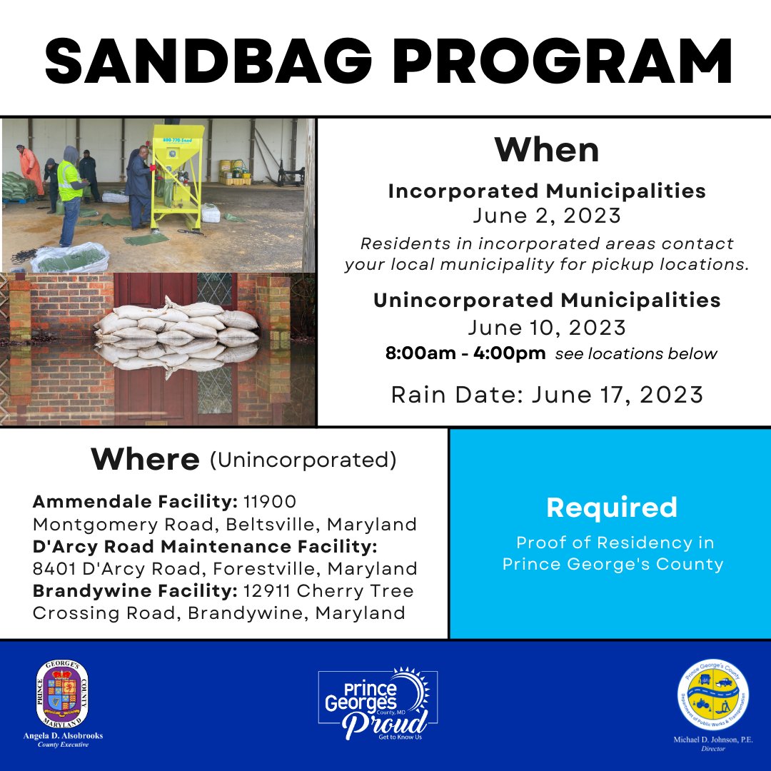 📣Reminder!: Residents in Unincorporated Areas may collect sandbags TODAY, June 10, 2023, from 8:00 am - 4:00 pm at the listed locations. #SandbagProgram #PrinceGeorgesCounty