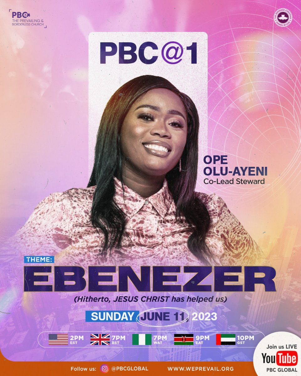 June 11th! Join us at PBC's 1st Year Anniversary Service, where we honor Jesus with a spirit-led experience led by our Co-led steward Ope Olu-Ayeni at #PBC. Don't miss out! #PBC@1 #June11th #Ebenezer #YearofRighteousBoldness #PBCGlobal #RCCG #GlobalChurch.