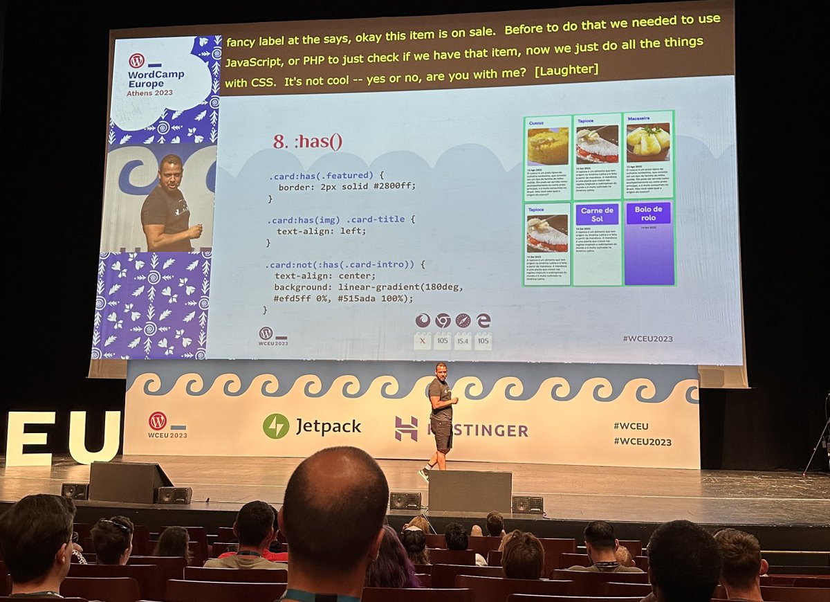 "What is new in CSS?" by <a href="/fellyph/">Fellyph Cintra</a> at <a href="/WCEurope/">WordCamp Europe</a>

My fav? Definitely :has()! What’s yours? #WCEU