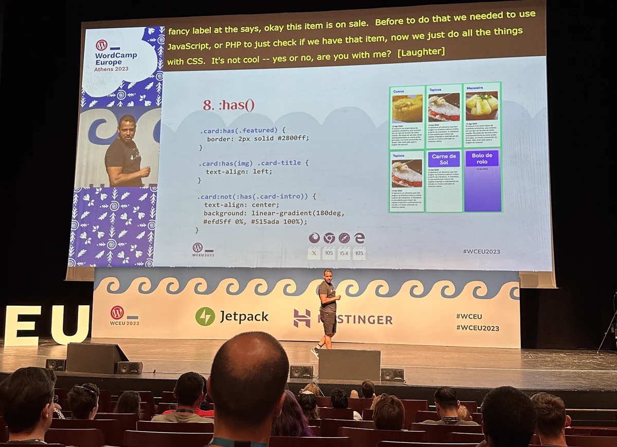 Fellyph Cintra on stage at WordCamp Europe talking about the future of CSS. Here he’s informing about the CSS selector :has().