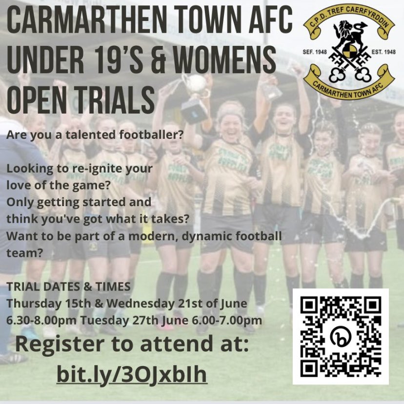 In preparation for this coming season, we are on the look to add more players to our successful Women’s team and a new U19s team. 

If interested in joining please get in touch and register your interest with the link or QR code”

<a href="/westwaleswgl/">Perago | West Wales Women & Girls League</a> 
<a href="/FAWales/">FA WALES</a> 
<a href="/CarmarthenRT/">Carmarthen Round Table 80</a>