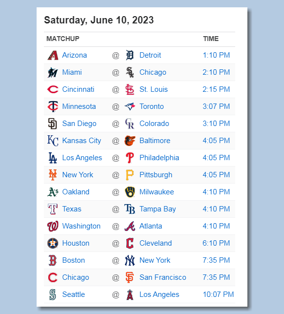 Baseball by BSmile on Twitter "Here's the MLB schedule for Saturday