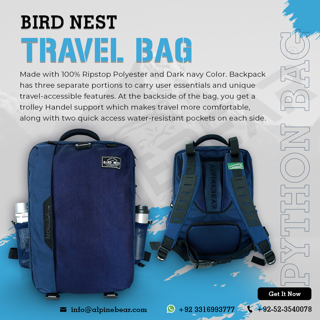 BIRD'S NEST PYTHON TRAVEL BAG 🔥

Premium Quality 💯 

👉 Made with 100% Ripstop Polyester and Dark navy Color. Backpack has three separate portions to carry user essentials, along with some unique travel-accessible features.

#premiumqualitybags #travelbackpacks #alpinebear