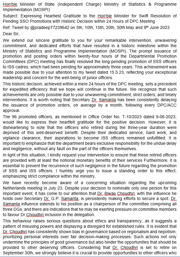 pradeep77239642's tweet photo. Expressing Heartiest Gratitude to the Hon'ble Minister of State (Independent Charge) Ministry of Statistics &amp; Programme Implementation for Swift Resolution of Pending SSO Promotions with Historic Decision within 24 Hours of DPC Meeting https://t.co/t1lJzgjGRy
