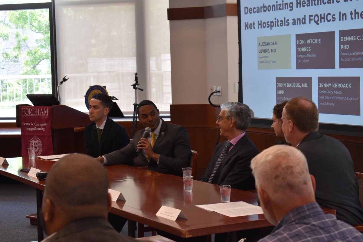 RepRitchie's tweet photo. Yesterday, my office partnered with @HHSGov Office of Climate Change and Health Equity for a roundtable discussion about the pressing need to reduce greenhouse gases emitted from healthcare facilities and hospitals — a major employer in the Bronx. Thanks @FordhamNYC for hosting! https://t.co/16clsZAsFC