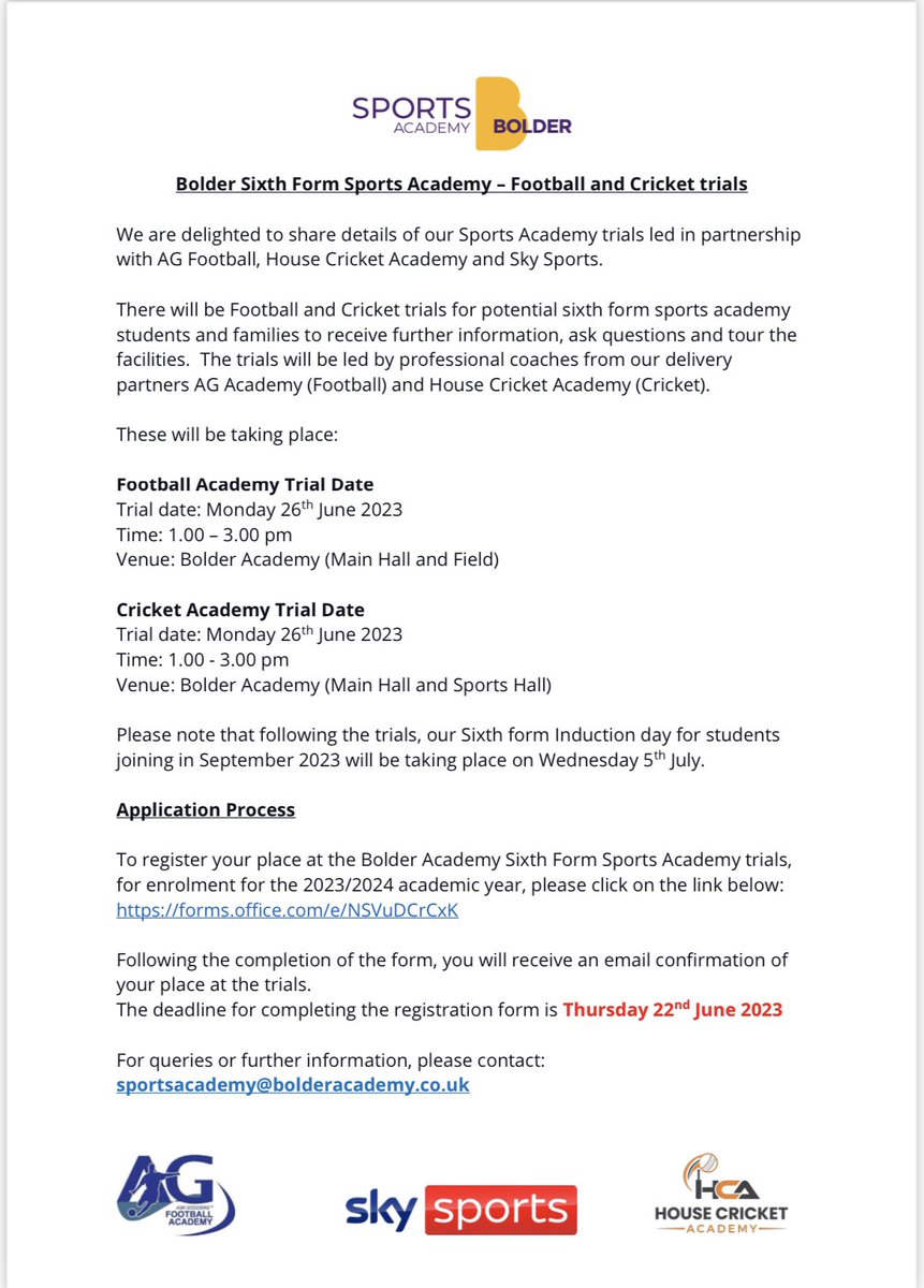 Bolder Academy - Sport and community use (@boldercommunity) on Twitter photo We are pleased to confirm details of our third and final round of Football and Cricket trials for entry to the Bolder Sixth Form Sports Academy.
These will be taking place on
Monday 26th June from 1-3pm.
DM for more information
<a href="/SkySports/">Sky Sports</a>
<a href="/HouseCricketAcd/">House Cricket Academy</a>
<a href="/AskGodders/">Ask Godders Group</a> We are pleased to confirm details of our third and final round of Football and Cricket trials for entry to the Bolder Sixth Form Sports Academy.
These will be taking place on
Monday 26th June from 1-3pm.
DM for more information
<a href="/SkySports/">Sky Sports</a>
<a href="/HouseCricketAcd/">House Cricket Academy</a>
<a href="/AskGodders/">Ask Godders Group</a>