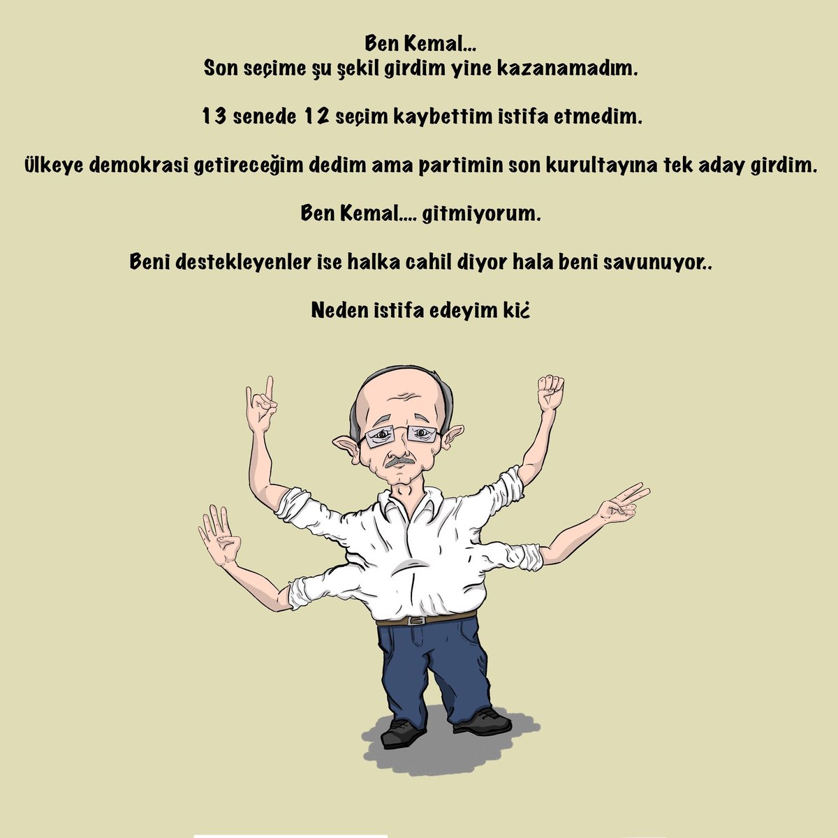 Demokrasilerde kaybeden istifa eder. 
1 yıl sonraki seçim şimdiden konuşulmaz. 

Bay Kemal'e söyleyin CHP Genel Merkezindeki Troll ordusu ile gündem değiştirme çabasından vazgeçip İstifasını sunsun.

 #akpyeoyyok