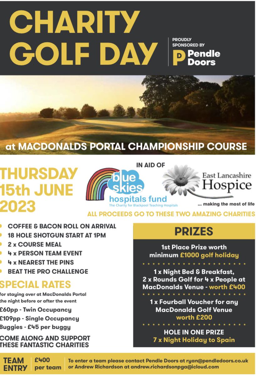 The next event is the Charity Golf Day proudly sponsored by <a href="/PendleDoors/">Pendle Doors</a> to the lovely <a href="/PortalGolfClub/">Portal Golf Club</a> on Thursday 15th June 2023 in aid of <a href="/elhospice/">East Lancashire Hospice</a> <a href="/BlueSkiesFund/">Blue Skies Hospitals Fund</a> #golf #charity #Cheshire #events #clients #trips #travel #fundraising #DaysOut  <a href="/vandageorge07/">Vanda</a> <a href="/R4ND3R5_16/">Ryan Anderson</a> ⛳️🏌🏻‍♂️