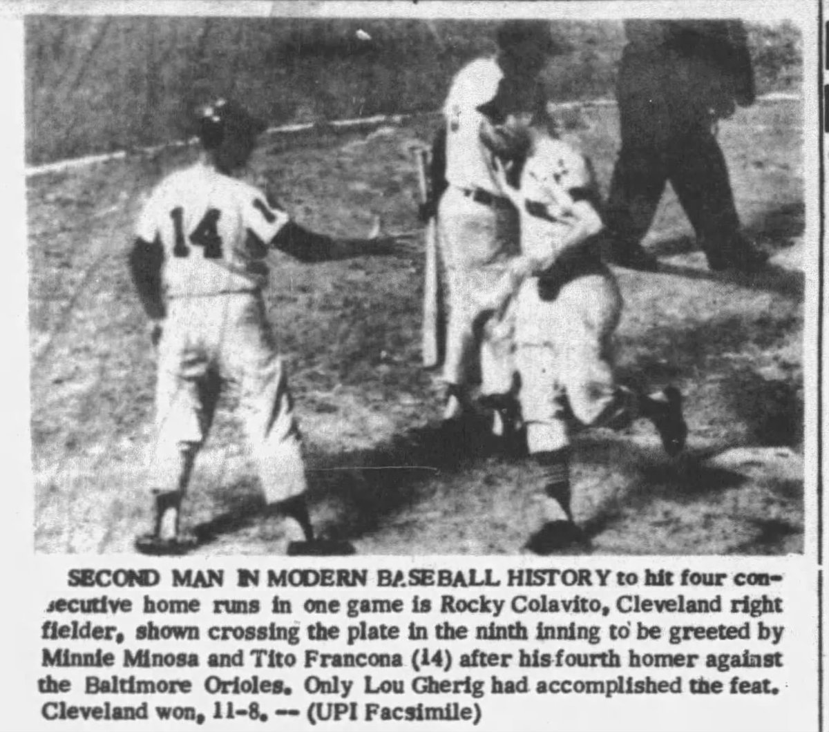 June 10, 1959: Don't Knock The Rock⚾️
In a feat more rare than the hallowed Perfect Game, Rocky Colavito hits 4 HRs in 1 game #ForTheLand beats Baltimore 
2nd player in modern MLB history to do it (Lou Gehrig is other)
Tito's dad (#14) greets him at plate
#TheRock
#HR #HR #HR #HR