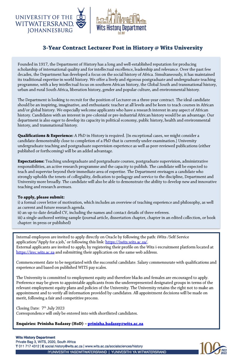Southern African Historical Society (@sahistsoc) on Twitter photo The <a href="/WitsHistory/">History at Wits</a> Department is hiring! #twitterstorians #AcademicTwitter <a href="/WitsHistoryWshp/">WitsHistoryWorkshop</a> The <a href="/WitsHistory/">History at Wits</a> Department is hiring! #twitterstorians #AcademicTwitter <a href="/WitsHistoryWshp/">WitsHistoryWorkshop</a>