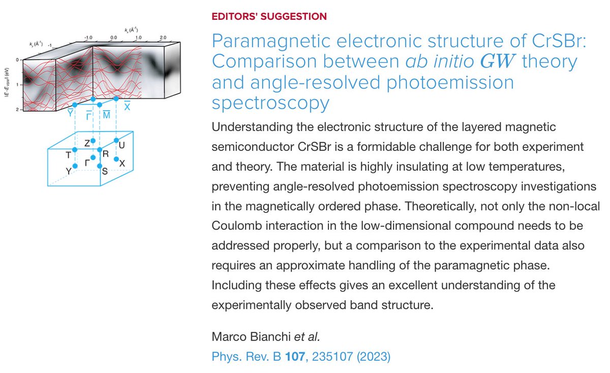 PhysRevB's tweet photo. PRB Editors' Suggestion: #Paramagnetic electronic structure of #CrSBr: Comparison between ab initio GW theory and #ARPES
M. Bianchi, S. Acharya, F. Dirnberger, J. Klein, D. Pashov et al.,
Phys. Rev. B 107, 235107
➡️ https://t.co/zv7gqO3FQY
#EdSugg #condmat #physics @APSPhysics https://t.co/8GlDrLhyEK