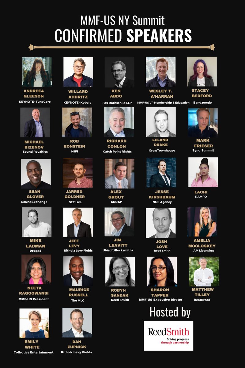 .<a href="/MMFUS/">Music Managers Forum</a> New York Summit is taking place <a href="/reedsmithllp/">Reed Smith LLP</a> on June 12 (10am-6pm). Confirmed Speakers in grid. #MMFUS Summits are FREE all day, in person events w/ programming that includes keynote speakers, panels, workshops, forums &amp; networking. 

RSVP (free): eventbrite.com/e/mmf-us-new-y…