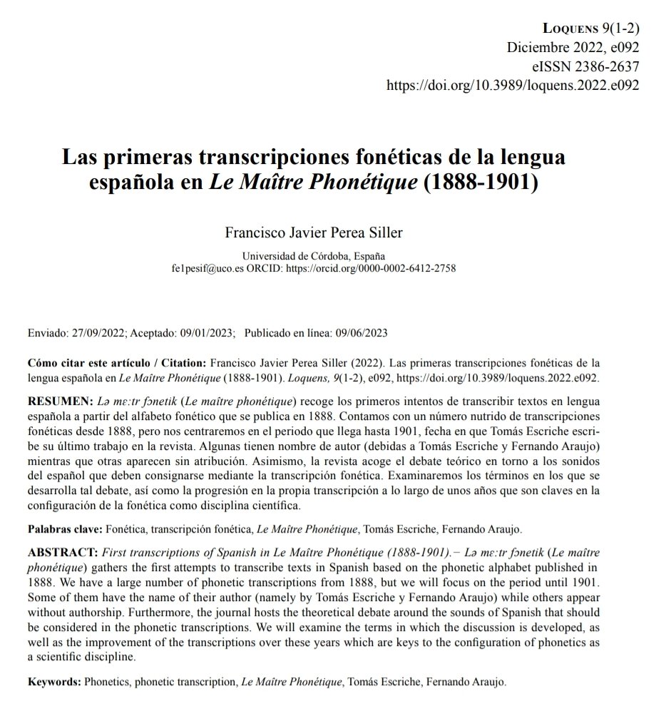 JavierPereaS's tweet photo. ¿Te interesa la historia de la fonética? ¿Sabes de cuándo data la primera transcripción fonética del español y qué símbolos usaba? Está en el nuevo número de Loquens.
¡Gracias a los editores!
@DeFonetica
#fonética

https://t.co/7GPtdCCLPl https://t.co/u5yu80SBKk