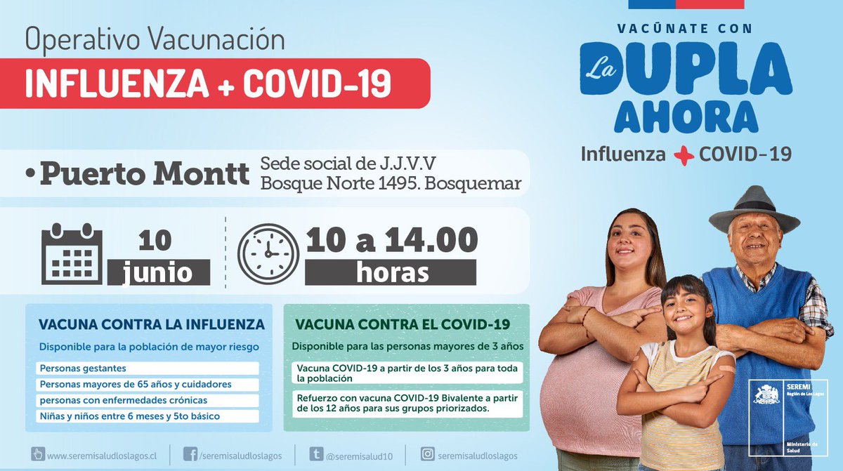 seremisalud10's tweet photo. ❗️Atención #PuertoMontt
Hoy estaremos acercando la vacunación contra #covid_19 e #Influenza en sector #Bosquemar.
🕥 Te esperamos de 10.00 a 14.00 hrs. en Bosque Norte 1495, sede de la junta de vecinos. https://t.co/31afVeer2m