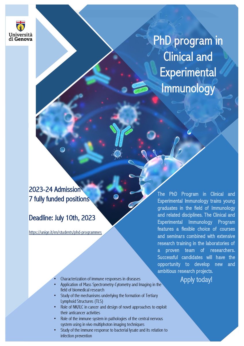 7 Fully funded PhD positions in Clinical and Experimental Immunology at the University of Genova, Italy
Application deadline: July 10th, 2023
Apply today!
#PhD #immunology #CancerResearch
