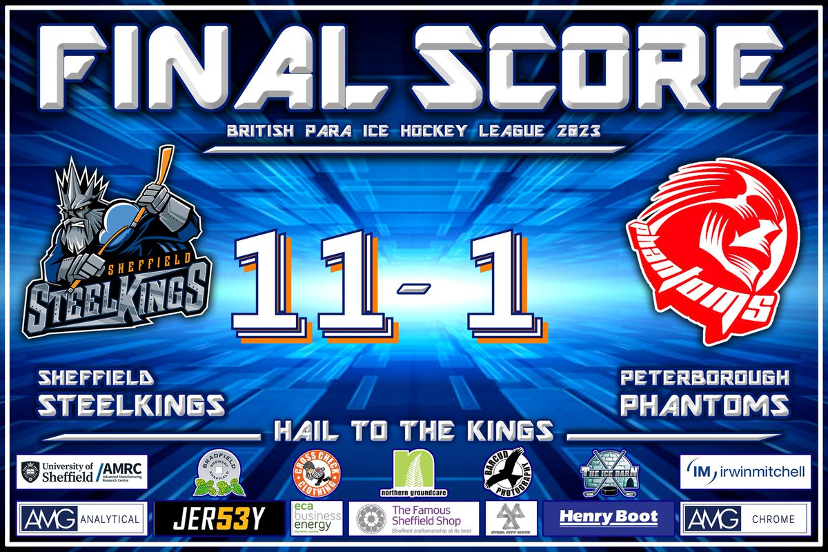 👑 STEELKINGS WIN 👑

STEELKINGS - 11
PHANTOMS - 1

LET'S GO STEELKINGS! 👑 

#HailToTheKings 👑  
#BPIHL2023 #ParaIceHockey #HockeyIsForEveryone #SheffieldIsSuper #Sheffield