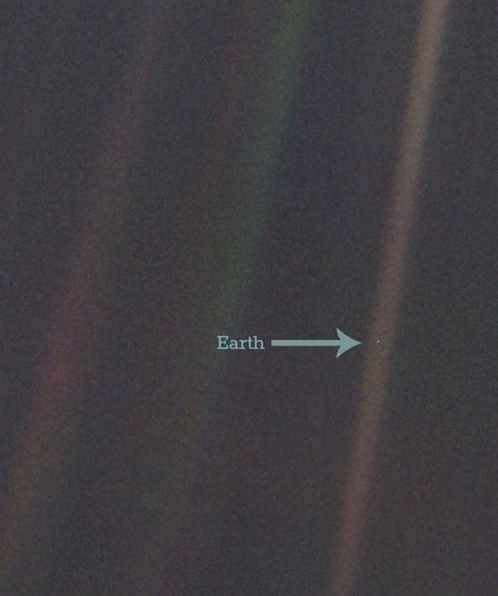 Pale Blue Dot is a photo of Earth that was taken by the Voyager 1 space probe in 1990 from a distance of about 6 billion kilometers (3.7 billion miles) as it was leaving our solar system. This is what Carl Sagan said about the photo: 'Look again at that dot. That's here. That's…